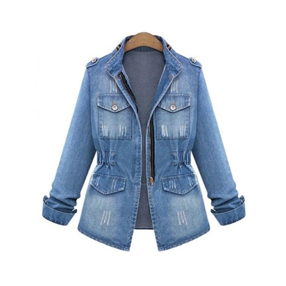 Denim Jacket Two Pocket Long Sleeved Zipper Stand Collar Cowgirl Jeans Western